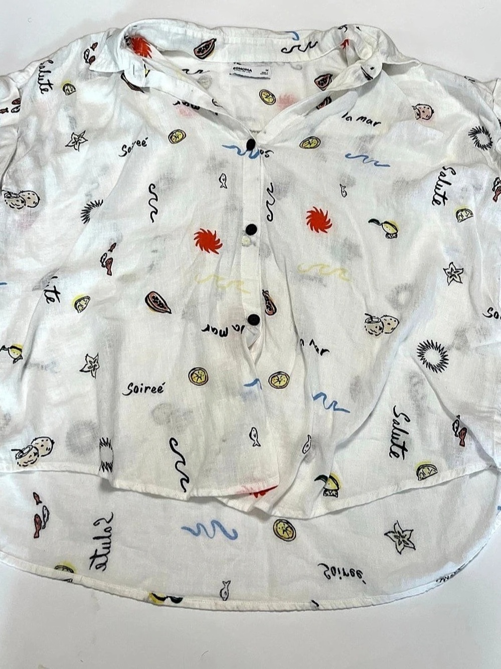 Sonoma Printed Button Front Blouse in White Size Medium